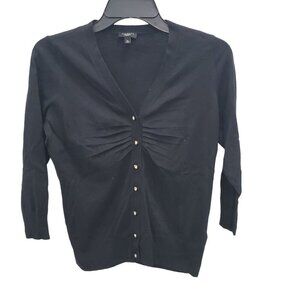 Talbots Petite Black Wool Blend‎ Ruched Bust Gem Button Front 3/4 Cardigan Sz SP